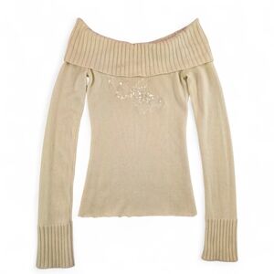 Y2K DKNY Off Shoulder Angora Blend Sequin Logo Sweater XS Soft Girl Coquette